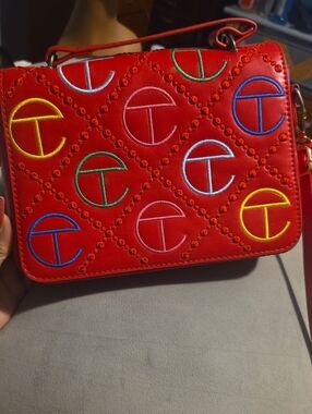 Telfar Red Quilted Crossbody with Multicolor Logo Embroidery